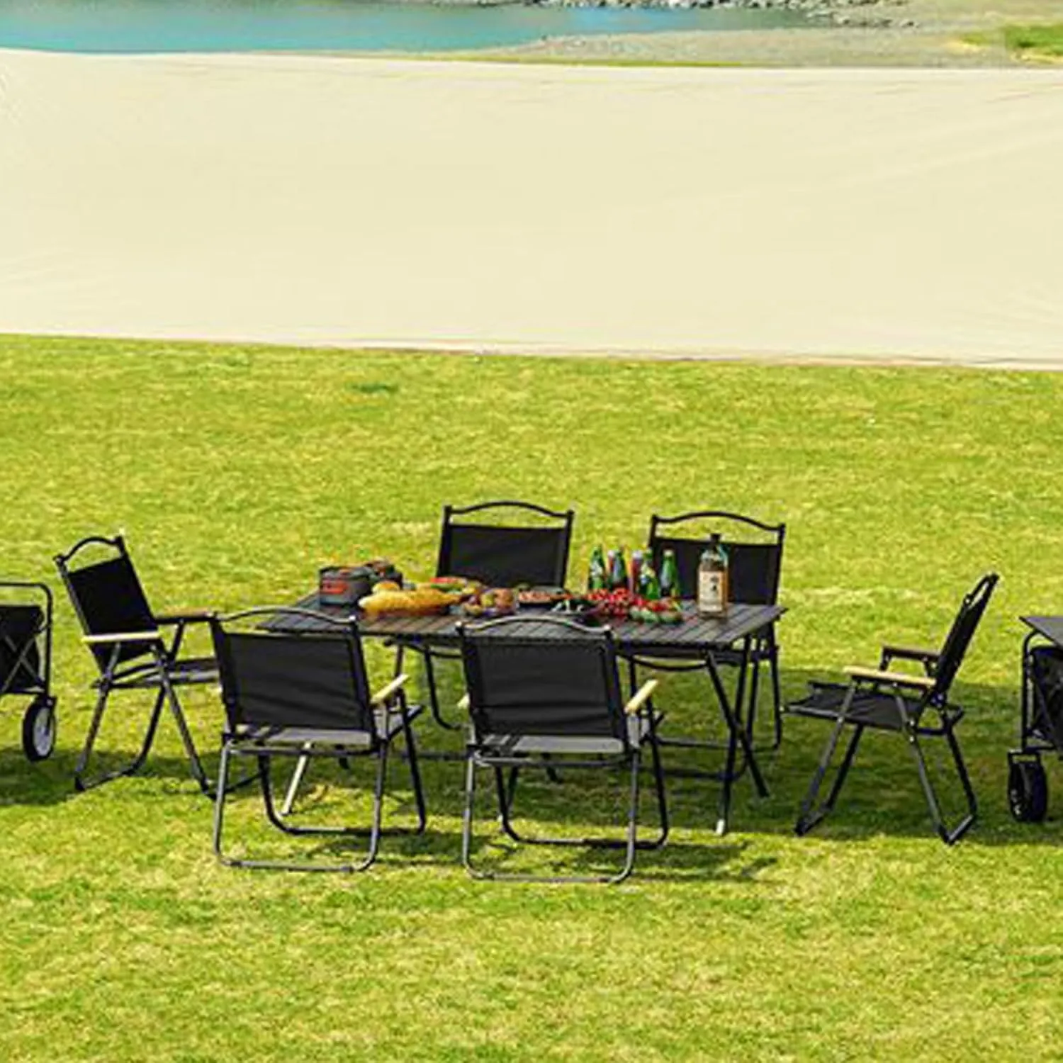 Folding Camping Table and air Sets, Portable Camp airs Sets with Lightweight Roll up Carbon Steel Picnic Table Foldable Lawn air with Carrying Bag