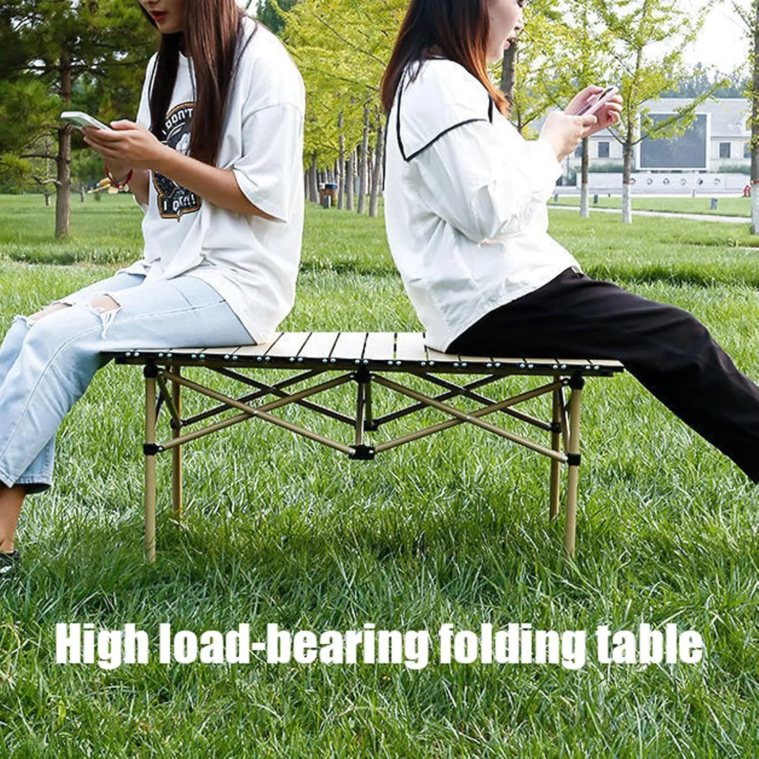Folding Camping Table with airs Set, Portable Picnic airs with Carrying Bag and Aluminum Roll-up Top Lightweight Compact Table, Easy to Assemble