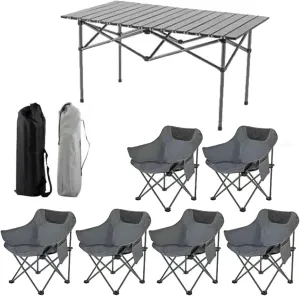 Folding Camping Table with airs Set, Portable Picnic airs with Carrying Bag and Aluminum Roll-up Top Lightweight Compact Table, Easy to Assemble