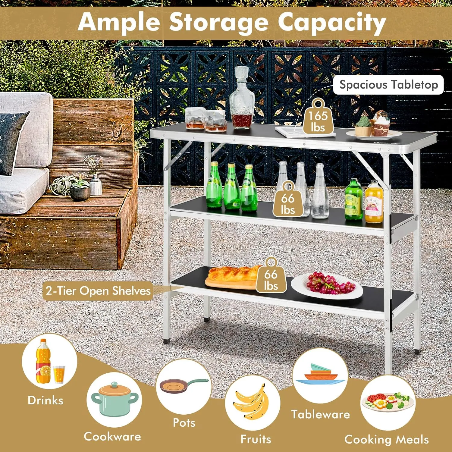 Folding Camping Table with Storage, Portable Aluminum Picnic Table with 2-Tier Shelves & Black Skirt, Outdoor Food Prep Station for Backyard Party, BBQ, Catering, Outdoor Events