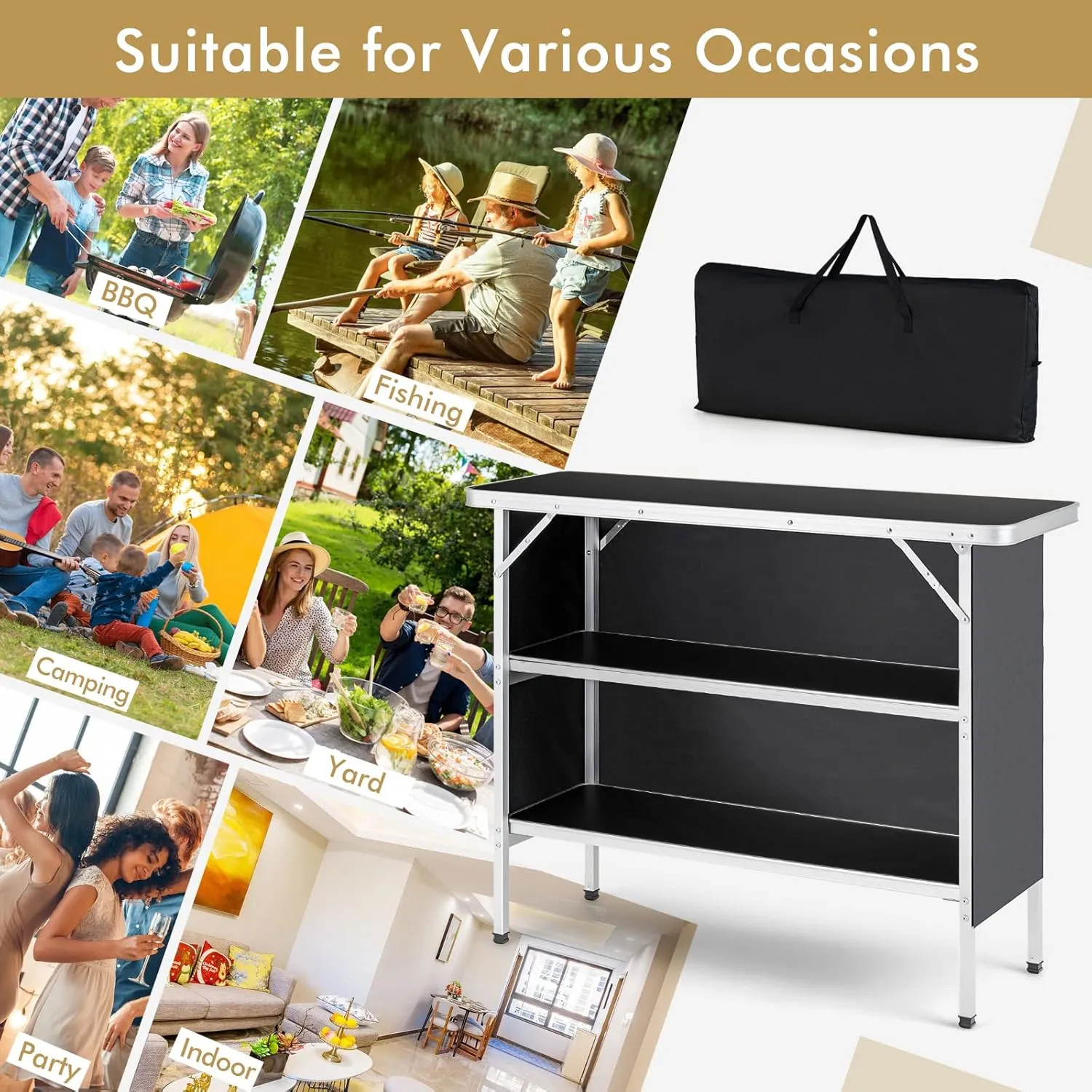 Folding Camping Table with Storage, Portable Aluminum Picnic Table with 2-Tier Shelves & Black Skirt, Outdoor Food Prep Station for Backyard Party, BBQ, Catering, Outdoor Events