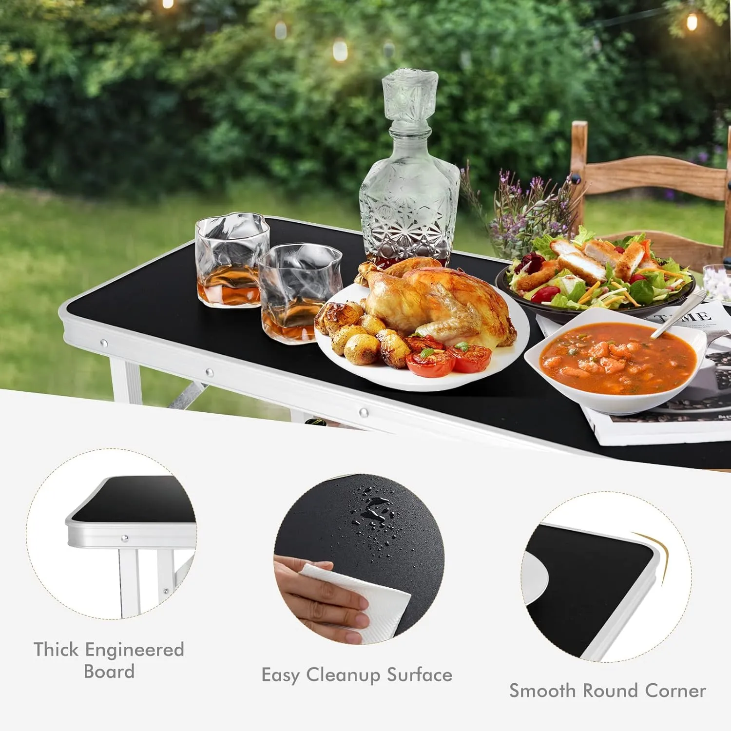 Folding Camping Table with Storage, Portable Aluminum Picnic Table with 2-Tier Shelves & Black Skirt, Outdoor Food Prep Station for Backyard Party, BBQ, Catering, Outdoor Events