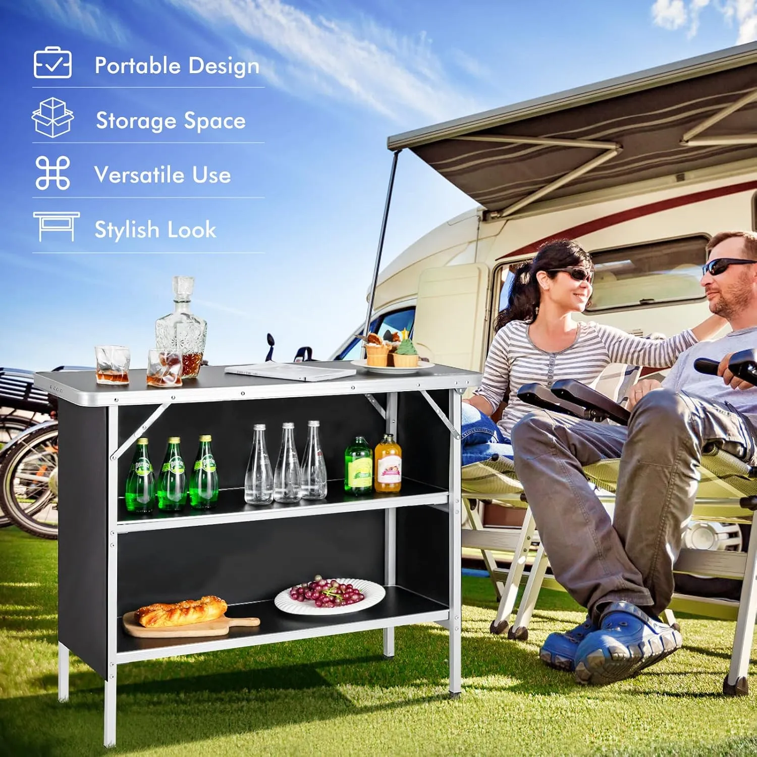 Folding Camping Table with Storage, Portable Aluminum Picnic Table with 2-Tier Shelves & Black Skirt, Outdoor Food Prep Station for Backyard Party, BBQ, Catering, Outdoor Events