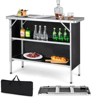 Folding Camping Table with Storage, Portable Aluminum Picnic Table with 2-Tier Shelves & Black Skirt, Outdoor Food Prep Station for Backyard Party, BBQ, Catering, Outdoor Events