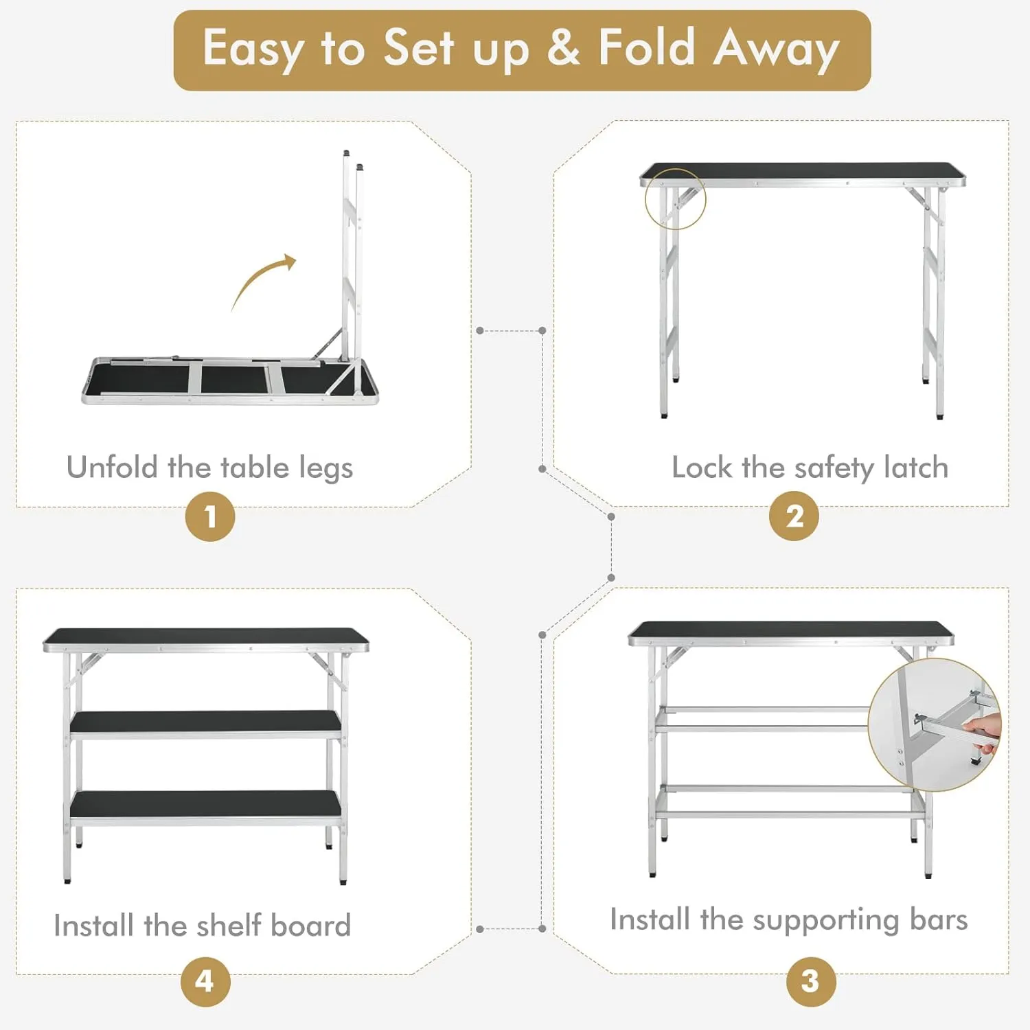 Folding Camping Table with Storage, Portable Aluminum Picnic Table with 2-Tier Shelves & Black Skirt, Outdoor Food Prep Station for Backyard Party, BBQ, Catering, Outdoor Events