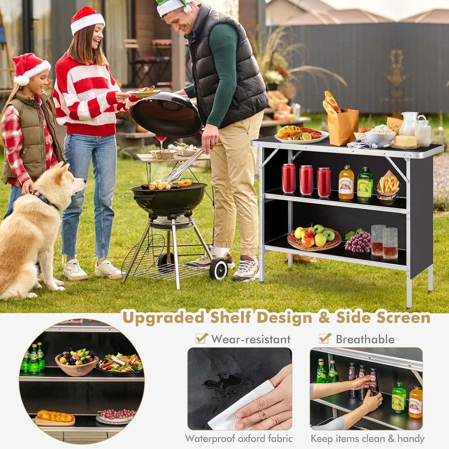 Folding Camping Table with Storage, Portable Aluminum Picnic Table with 2-Tier Shelves & Black Skirt, Outdoor Food Prep Station for Backyard Party, BBQ, Catering, Outdoor Events