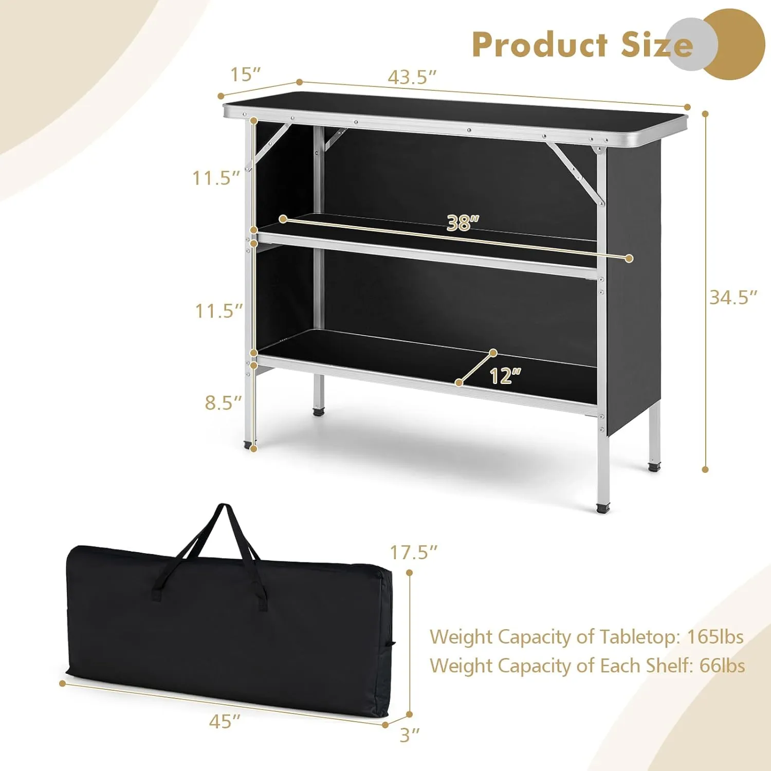 Folding Camping Table with Storage, Portable Aluminum Picnic Table with 2-Tier Shelves & Black Skirt, Outdoor Food Prep Station for Backyard Party, BBQ, Catering, Outdoor Events