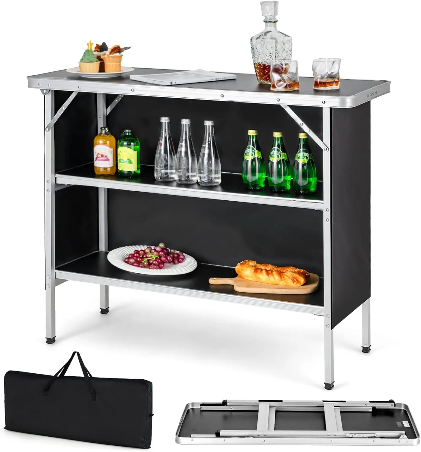 Folding Camping Table with Storage, Portable Aluminum Picnic Table with 2-Tier Shelves & Black Skirt, Outdoor Food Prep Station for Backyard Party, BBQ, Catering, Outdoor Events