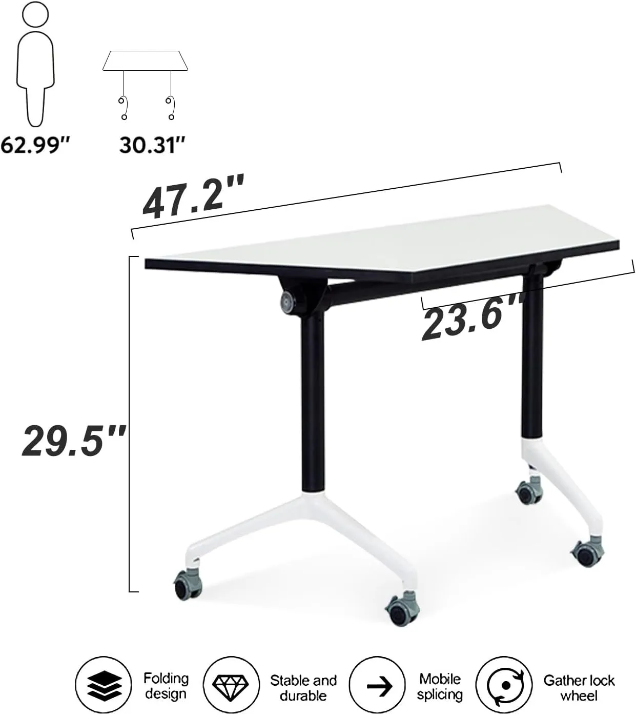 Folding Conference Table,Large Conference Meeting Table for 8 People,Modern Mobile Training Table with Wheels,Rolling Conference Room Tables with Metal Frame,Meeting Seminar Tables 47.2x23.6x29.5in