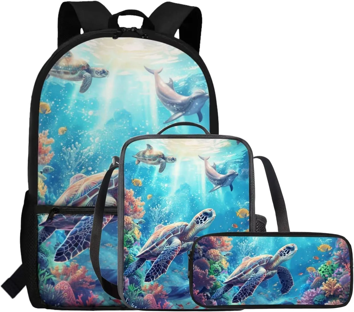 FOR U DESIGNS Turtle Backpack for Boys with Lunchbox Kindergarten Elementary School Bag Set 6th Grade Lightweight Bookbag Set for School 3 Pcs Travel Rucksack 17 Inch