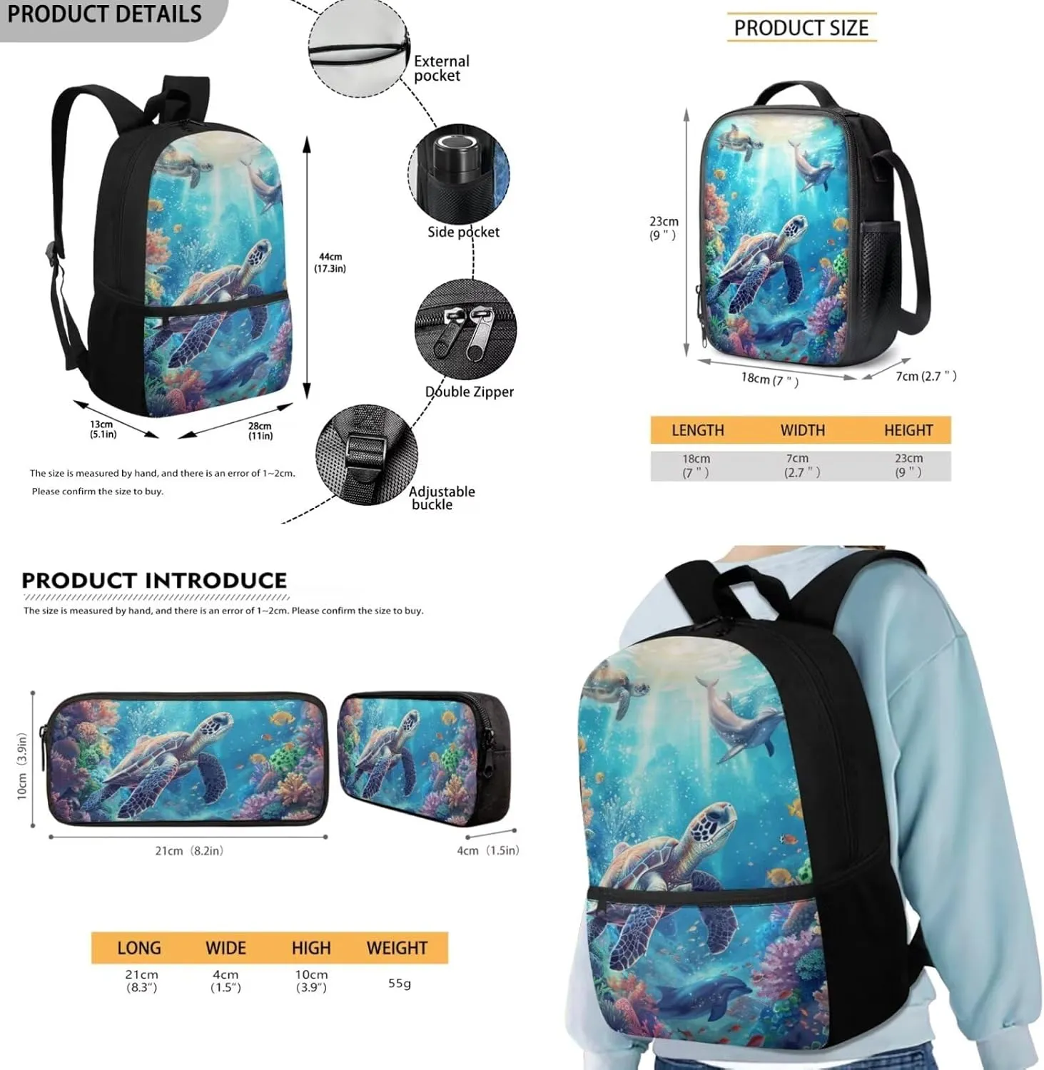 FOR U DESIGNS Turtle Backpack for Boys with Lunchbox Kindergarten Elementary School Bag Set 6th Grade Lightweight Bookbag Set for School 3 Pcs Travel Rucksack 17 Inch