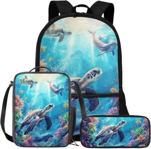 FOR U DESIGNS Turtle Backpack for Boys with Lunchbox Kindergarten Elementary School Bag Set 6th Grade Lightweight Bookbag Set for School 3 Pcs Travel Rucksack 17 Inch