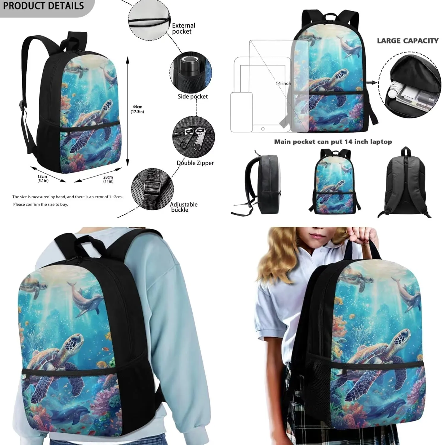 FOR U DESIGNS Turtle Backpack for Boys with Lunchbox Kindergarten Elementary School Bag Set 6th Grade Lightweight Bookbag Set for School 3 Pcs Travel Rucksack 17 Inch
