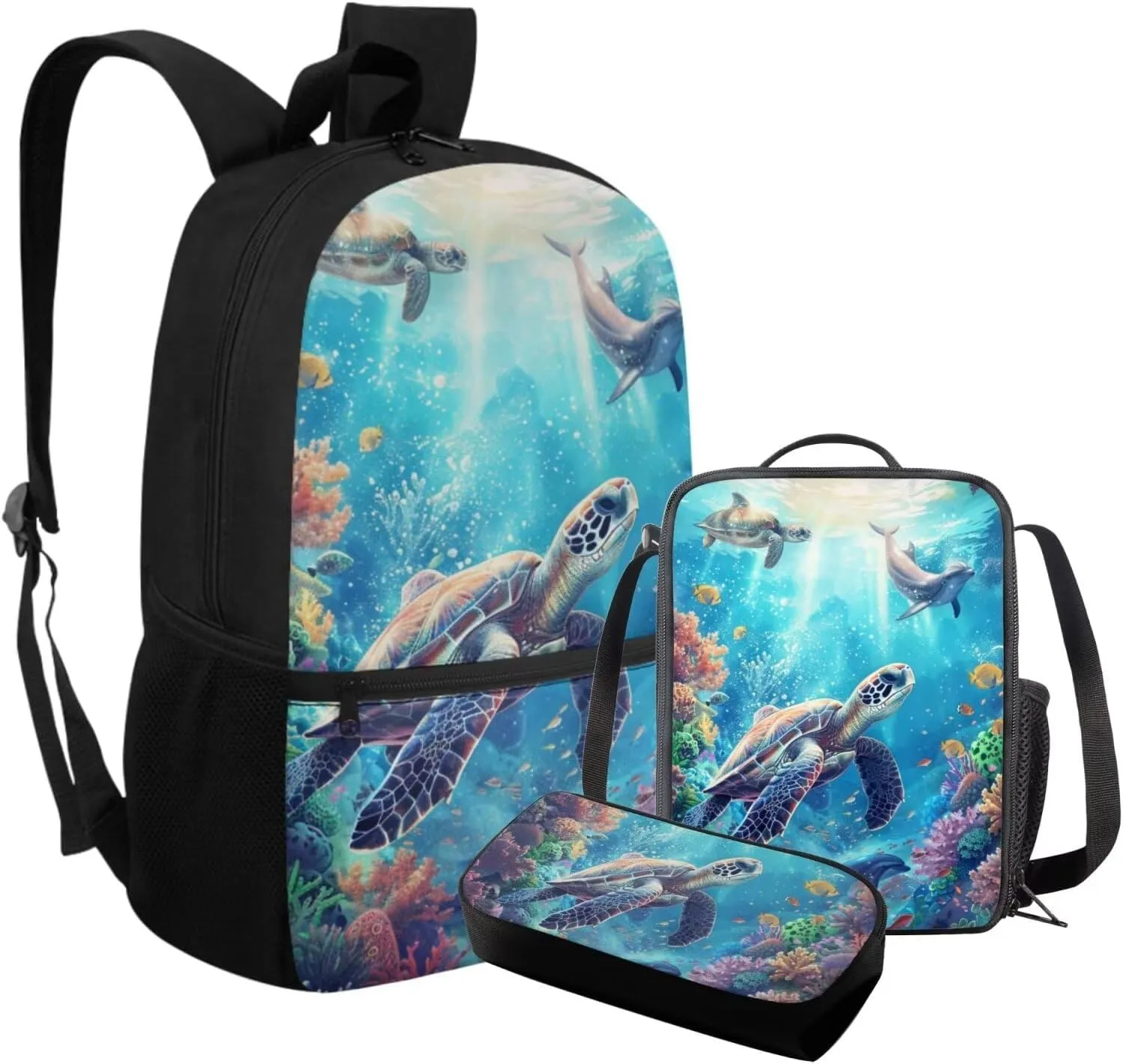 FOR U DESIGNS Turtle Backpack for Boys with Lunchbox Kindergarten Elementary School Bag Set 6th Grade Lightweight Bookbag Set for School 3 Pcs Travel Rucksack 17 Inch