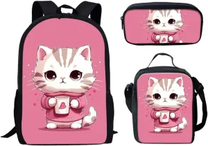 Forchrinse 3Piece Pink Cat Backpack for Boys Girls Cute Animal Print Kids School Bag Bookbag   Pencil Case   Lunch Box Bag