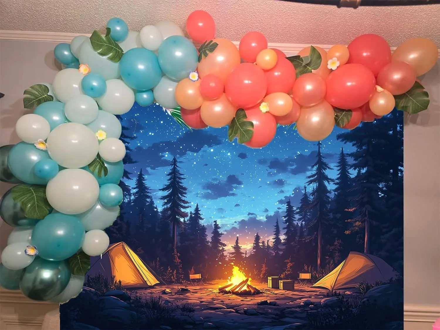 Forest Scene Backdrop 20 x 10 ft Camping Theme Campfire Tent Woodland Backdrop Adventure Banner, Kids Adults Happy Camper Background Birthday Photo Shoot Props Decoration