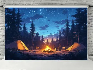 Forest Scene Backdrop 20 x 10 ft Camping Theme Campfire Tent Woodland Backdrop Adventure Banner, Kids Adults Happy Camper Background Birthday Photo Shoot Props Decoration