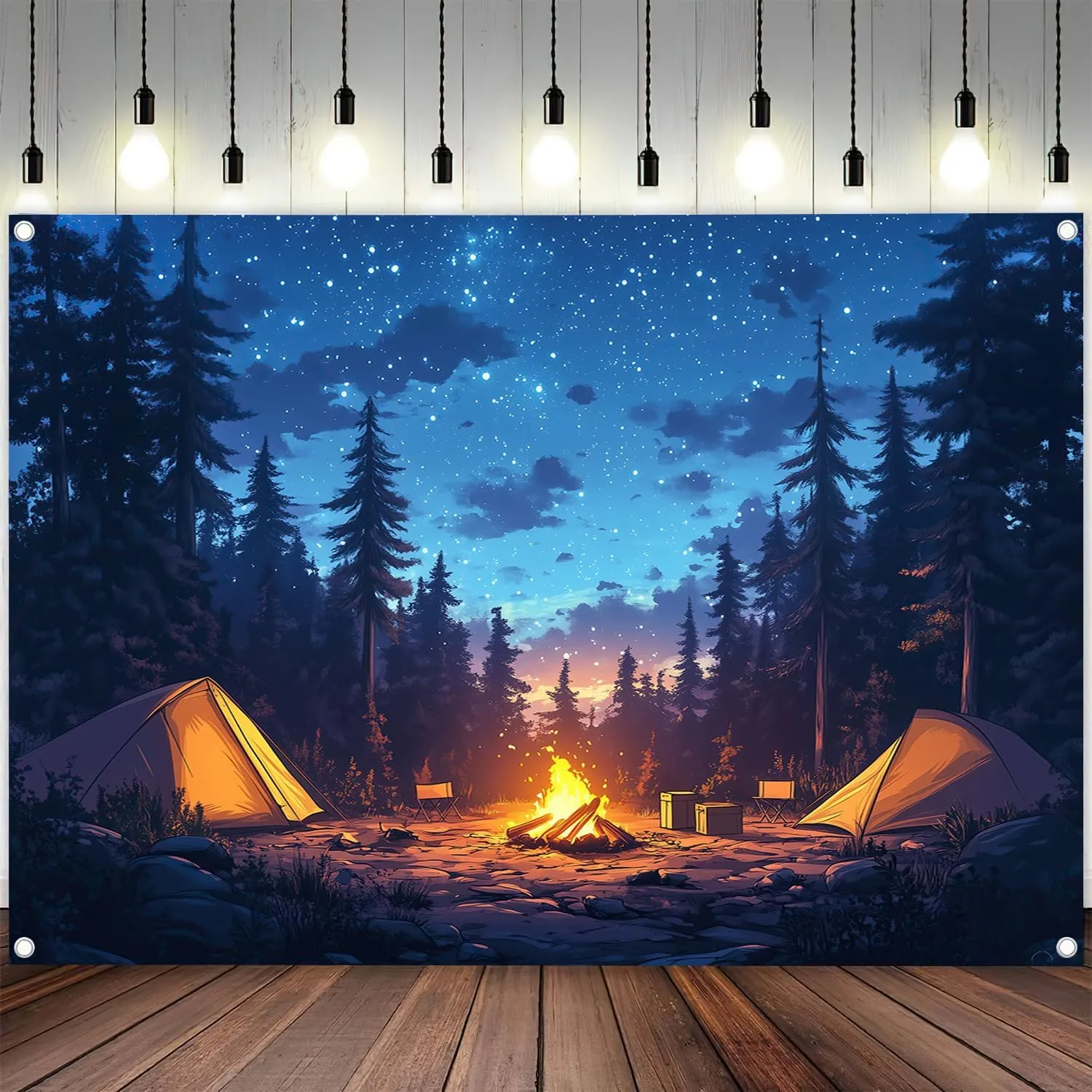 Forest Scene Backdrop 20 x 10 ft Camping Theme Campfire Tent Woodland Backdrop Adventure Banner, Kids Adults Happy Camper Background Birthday Photo Shoot Props Decoration