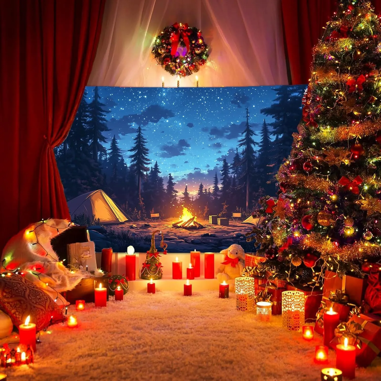 Forest Scene Backdrop 20 x 10 ft Camping Theme Campfire Tent Woodland Backdrop Adventure Banner, Kids Adults Happy Camper Background Birthday Photo Shoot Props Decoration