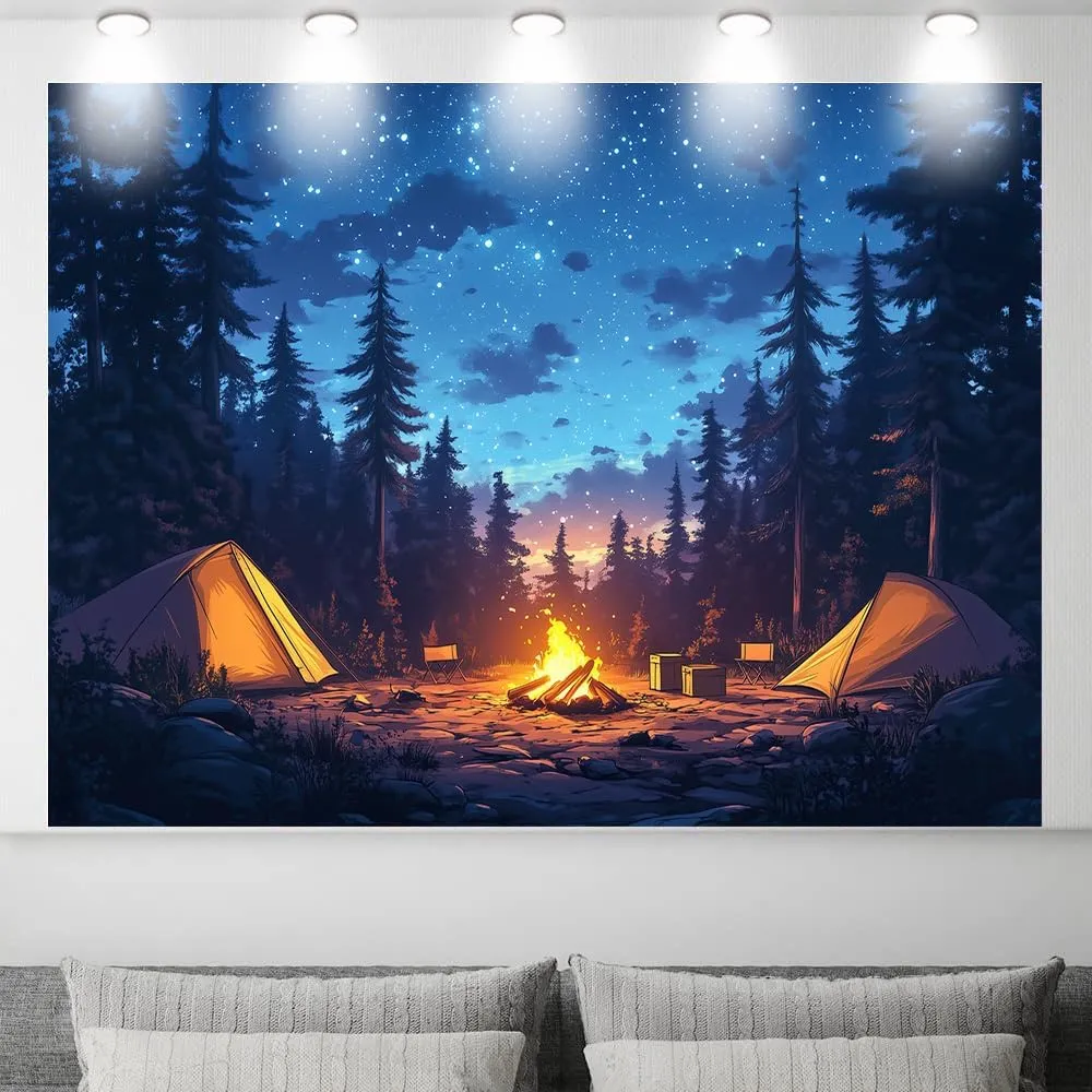 Forest Scene Backdrop 20 x 10 ft Camping Theme Campfire Tent Woodland Backdrop Adventure Banner, Kids Adults Happy Camper Background Birthday Photo Shoot Props Decoration