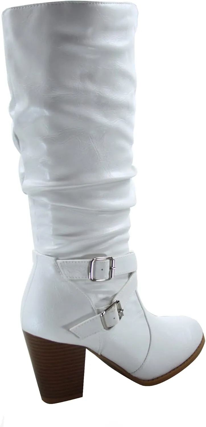 Forever Link FZ-Safety-52 Women's Round Toe Chunky Heel Full Zipper Buckles Mid Calf Boots Shoes