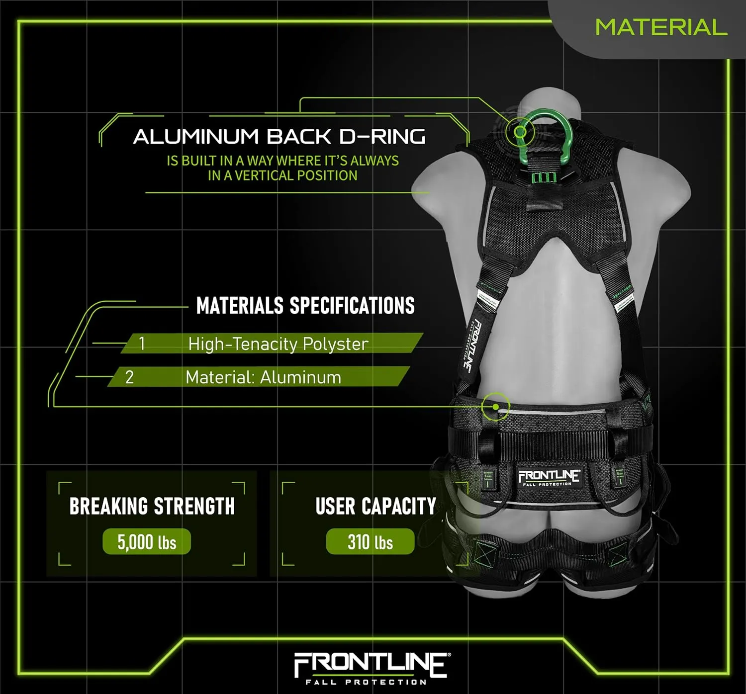 FRONTLINE FALL PROTECTION 250CTB Elite™ Construction Harness | Aluminum Hardware | OSHA&ANSI