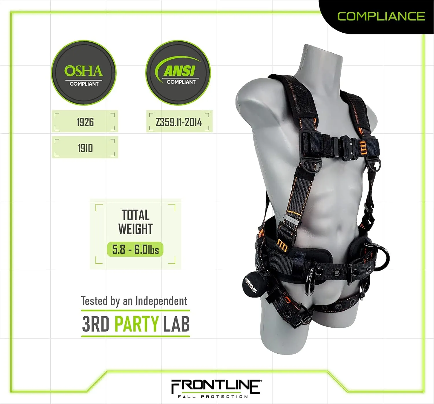 FRONTLINE FALL PROTECTION Harnesses   D-Ring  Multiple Styles   OSHA and ANSI compliant