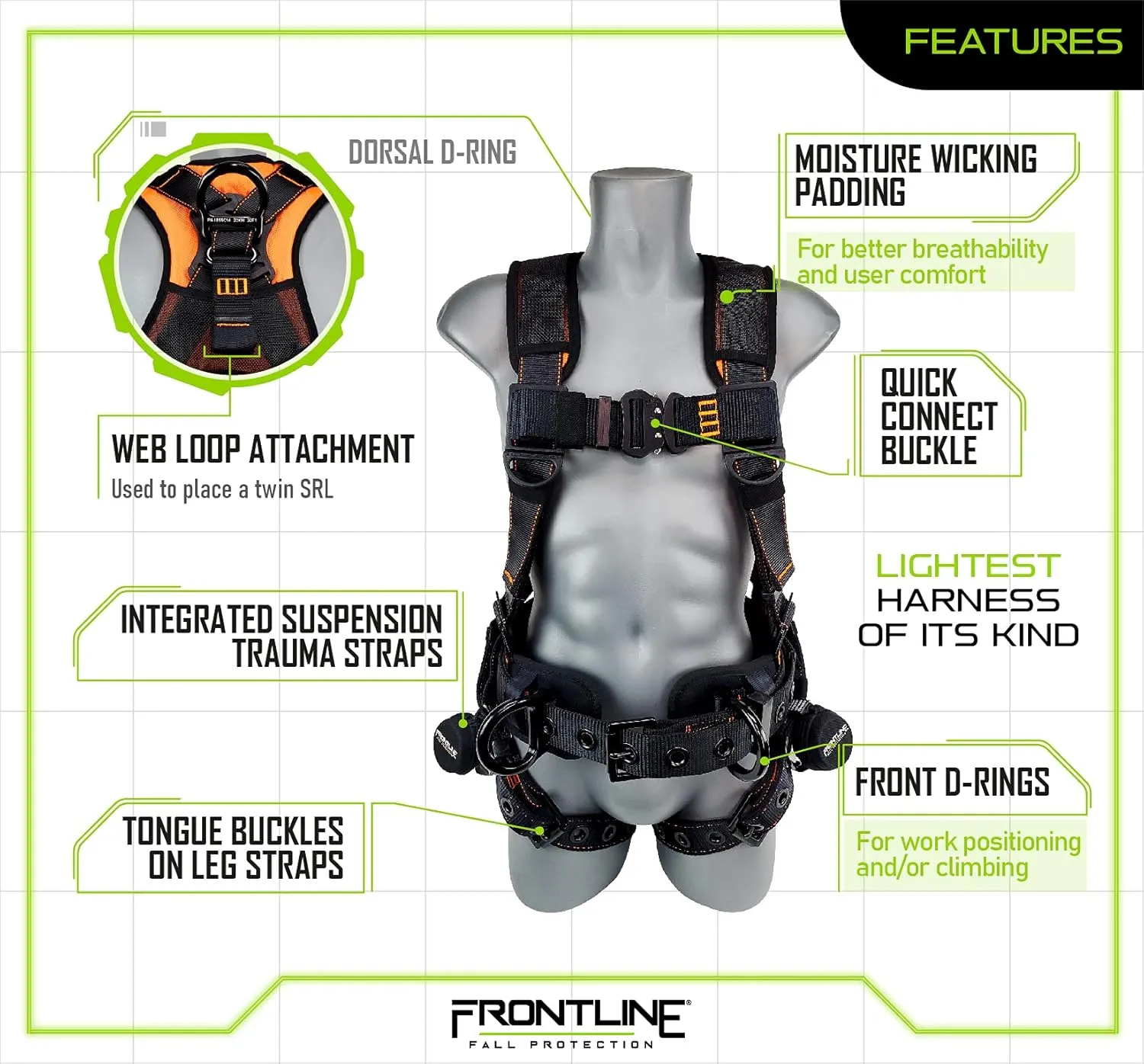 FRONTLINE FALL PROTECTION Harnesses   D-Ring  Multiple Styles   OSHA and ANSI compliant