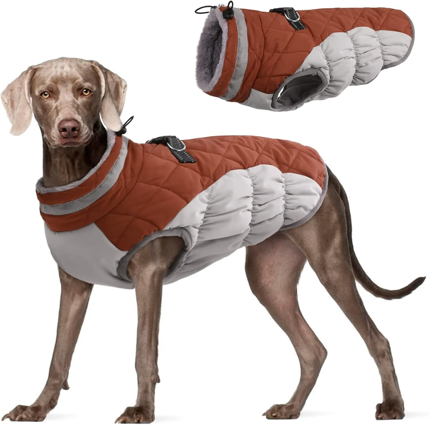 FUAMEY Dog Coat - Warm Winter Jacket with Padded Fleece, Reflective, Waterproof & Windproof, Built-in Harness, Brown, X-Large