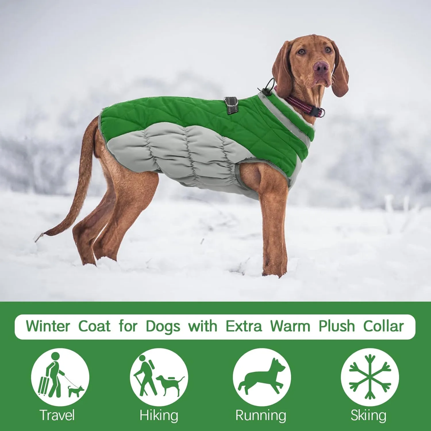 FUAMEY Dog Coat - Warm Winter Jacket with Padded Fleece, Reflective, Waterproof & Windproof, Built-in Harness, Green, X-Large