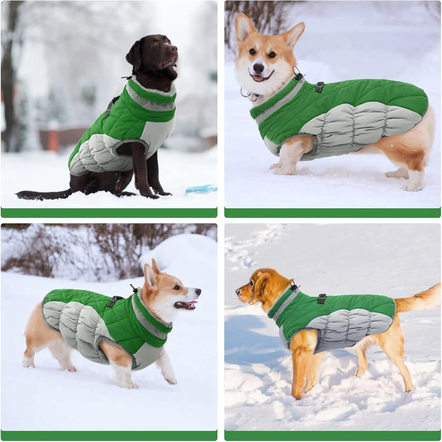 FUAMEY Dog Coat - Warm Winter Jacket with Padded Fleece, Reflective, Waterproof & Windproof, Built-in Harness, Green, X-Large