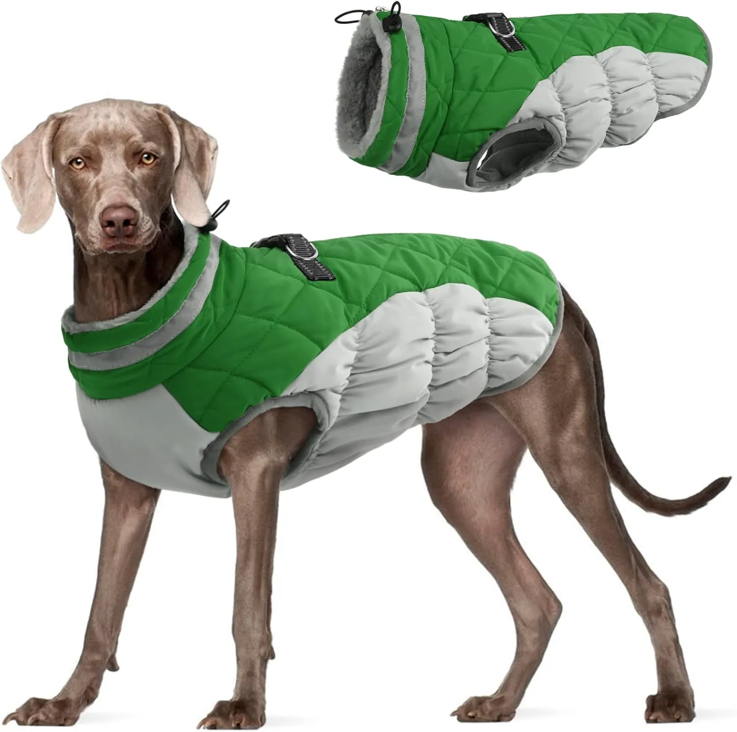 FUAMEY Dog Coat - Warm Winter Jacket with Padded Fleece, Reflective, Waterproof & Windproof, Built-in Harness, Green, X-Large