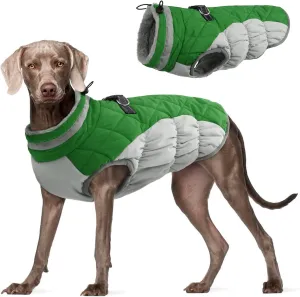 FUAMEY Dog Coat - Warm Winter Jacket with Padded Fleece, Reflective, Waterproof & Windproof, Built-in Harness, Green, X-Large