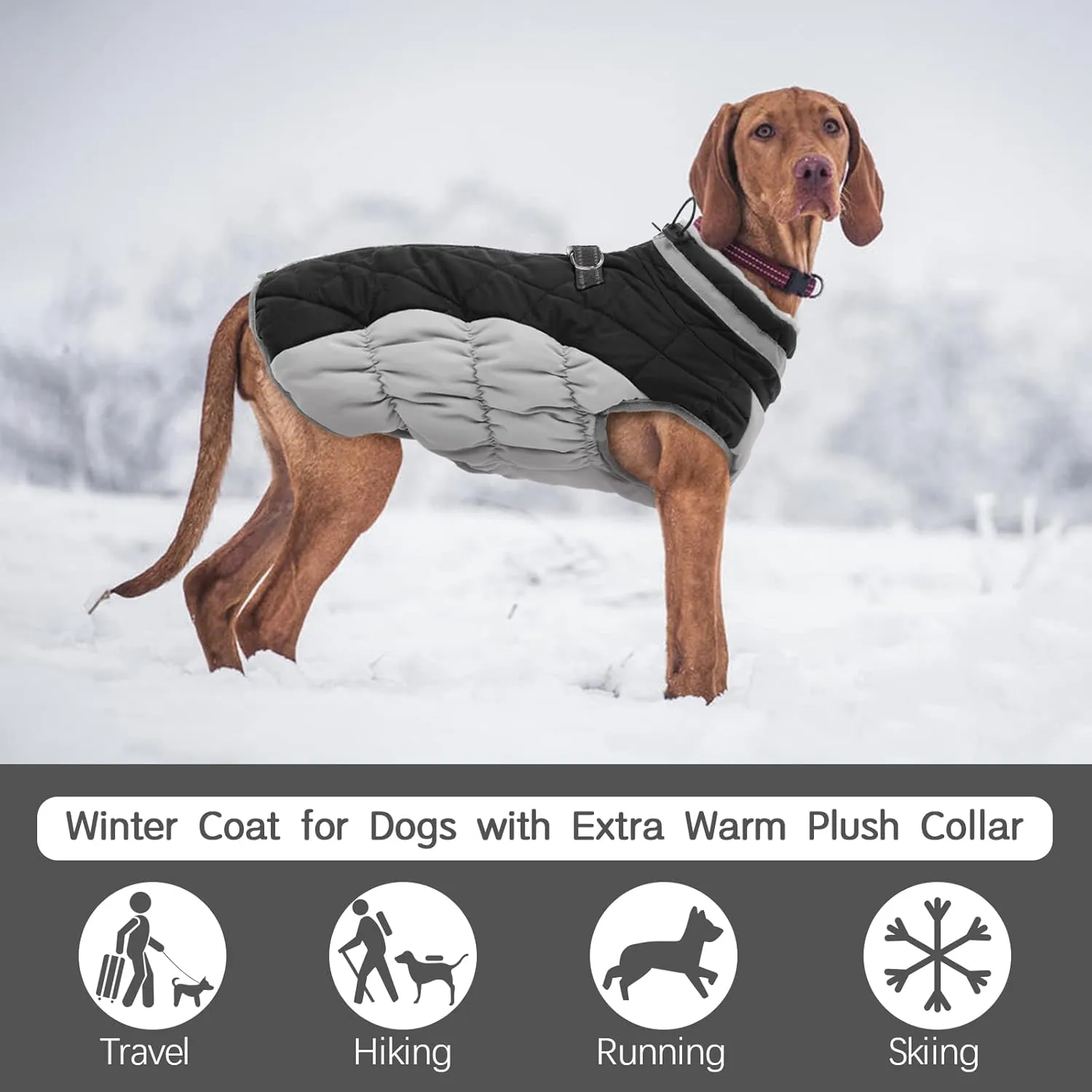 FUAMEY Warm Dog Jacket, Winter Coat with Padded Fleece, Reflective Vest, Built-in Harness, Waterproof & Windproof, Snow Jacket for Cold Weather, Black, X-Large