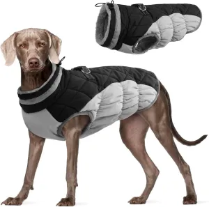 FUAMEY Warm Dog Jacket, Winter Coat with Padded Fleece, Reflective Vest, Built-in Harness, Waterproof & Windproof, Snow Jacket for Cold Weather, Black, X-Large