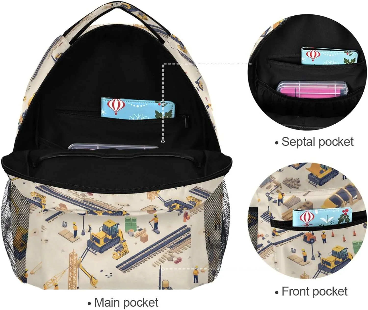 Fun Backpack for Unisex Adult Fashion School Bag with Chest Strap for College Work Construction Scene Dump Truck