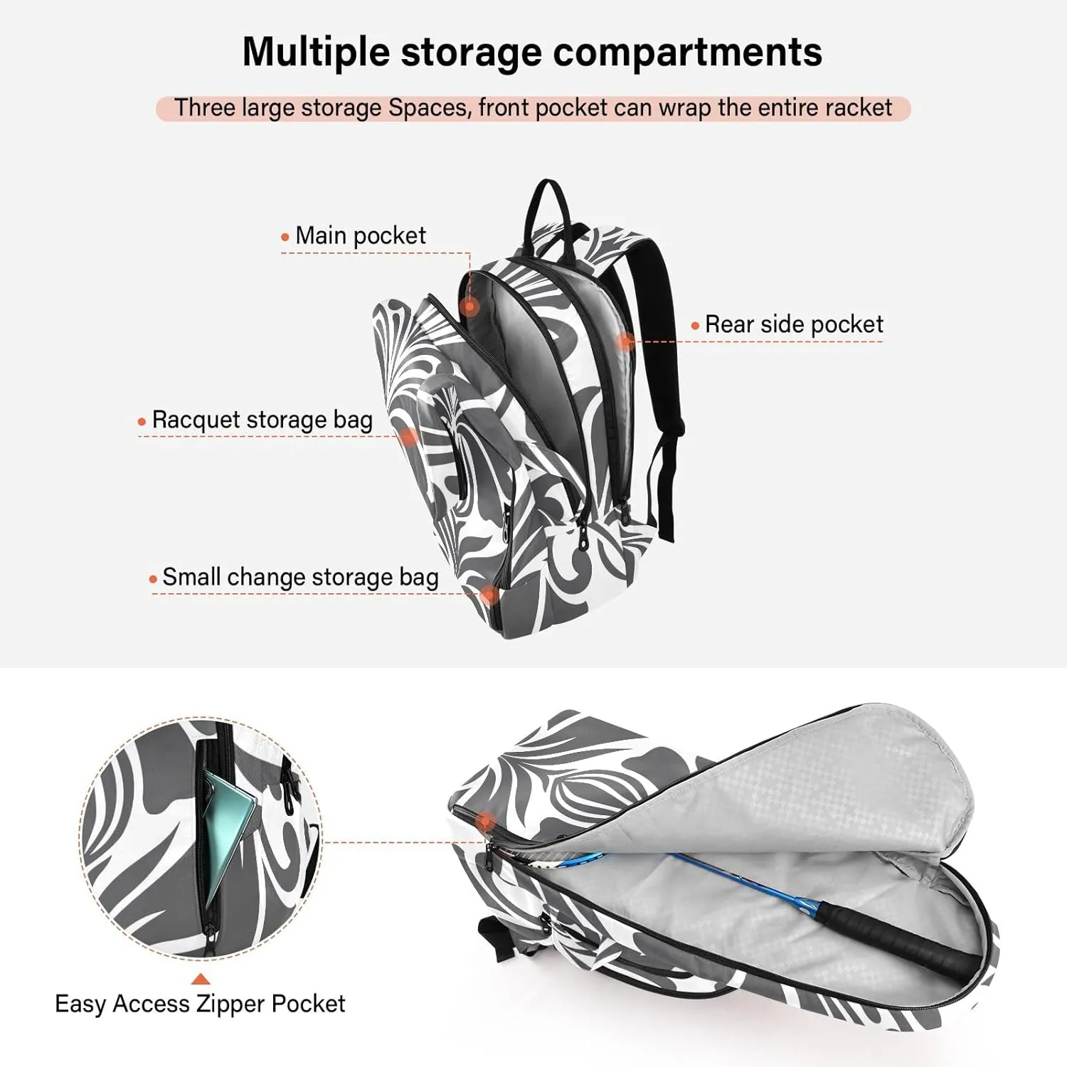 GAIGEO Cool Street Basketball Grey Tennis Backpack, Expandable Tennis Bag 2 Rackets, Sandwich Mesh Back, Breathable not Stuffy