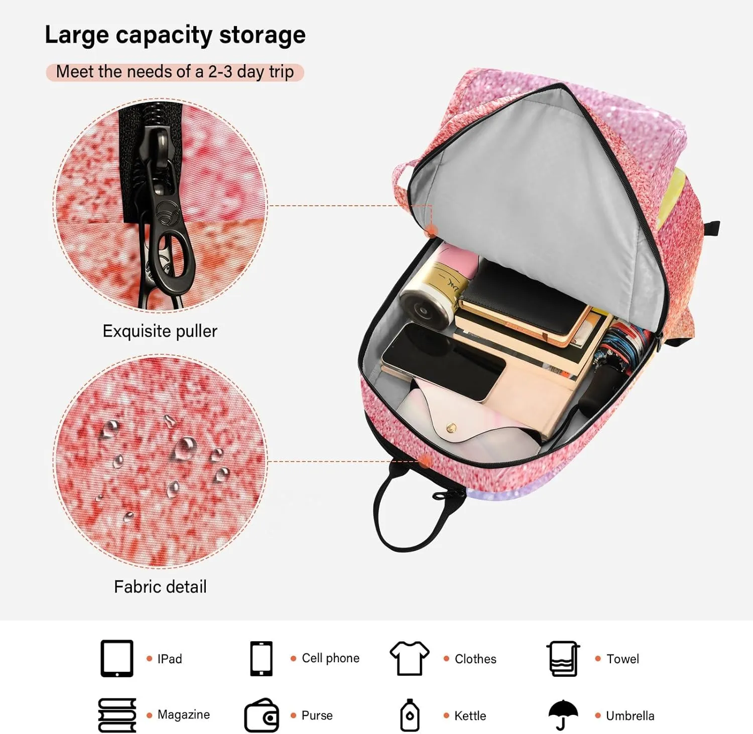 GAIGEO Silver Pink Glitter Tennis Racquet Bag, Multiple Storage Compartments, Foldable Racket Pocket