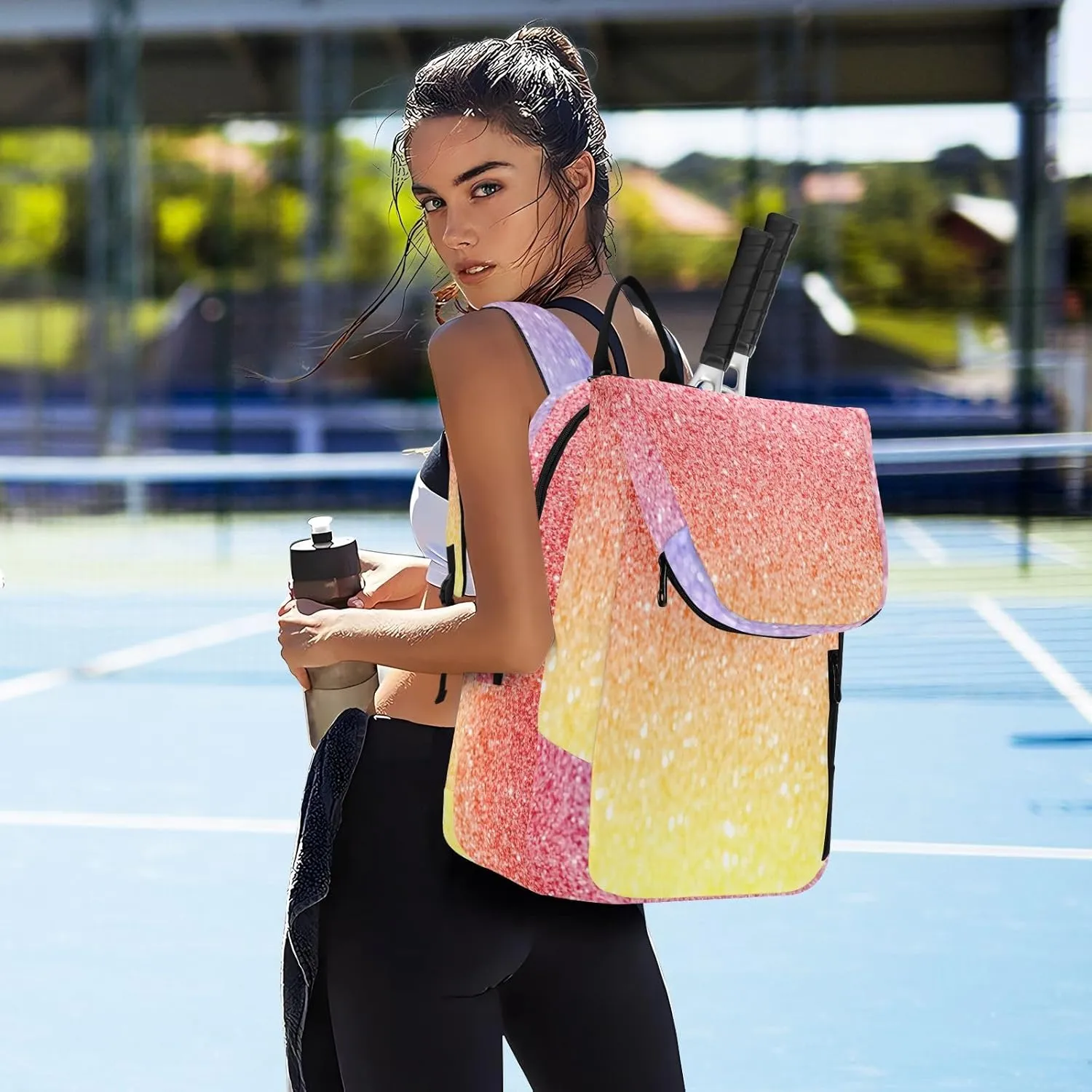 GAIGEO Silver Pink Glitter Tennis Racquet Bag, Multiple Storage Compartments, Foldable Racket Pocket