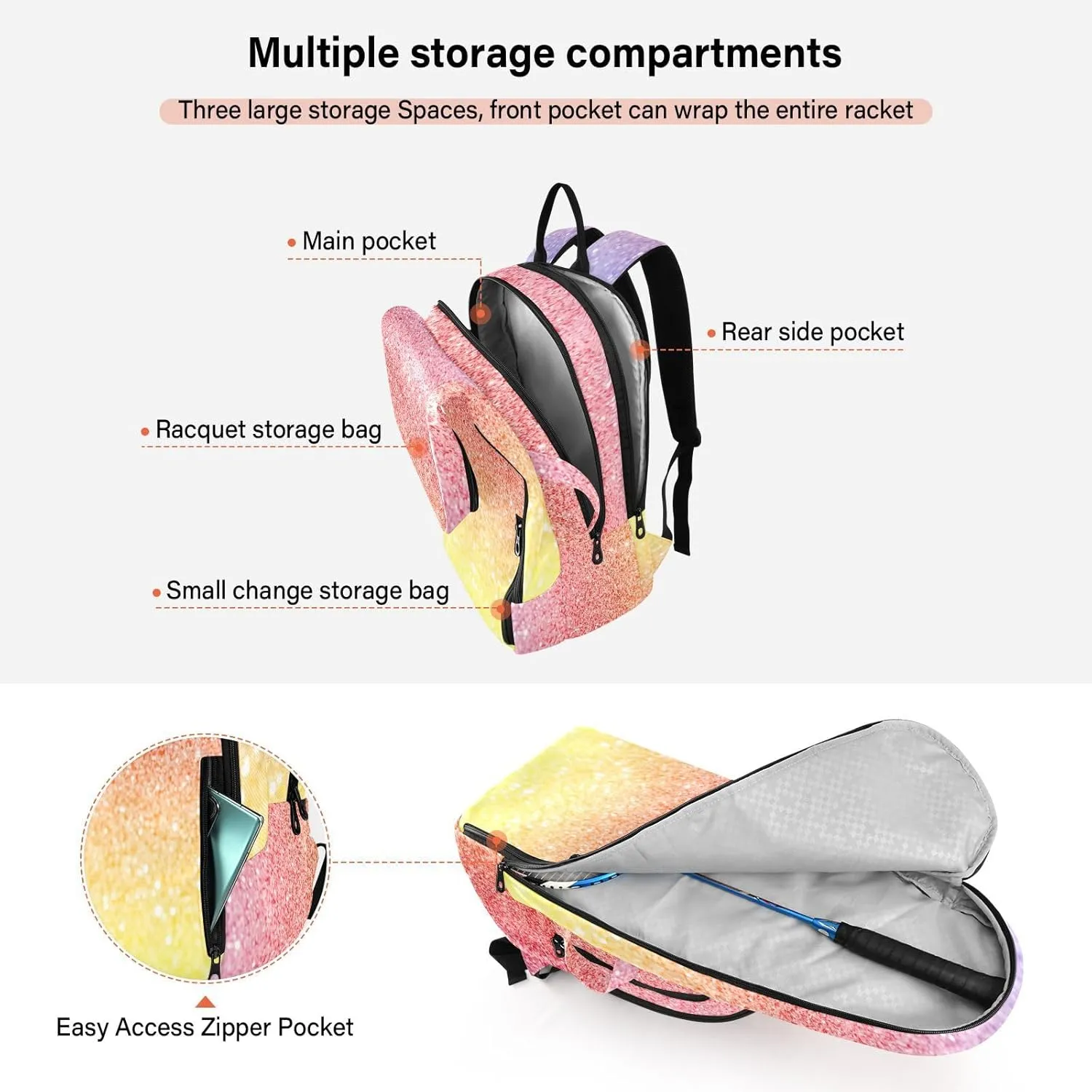 GAIGEO Silver Pink Glitter Tennis Racquet Bag, Multiple Storage Compartments, Foldable Racket Pocket