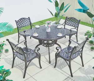 Garden Bench 5-Piece Outdoor Furniture Dining Set, Cast Aluminum Set Includes 4 Chairs and 100cm Round Table for Patio Garden Deck