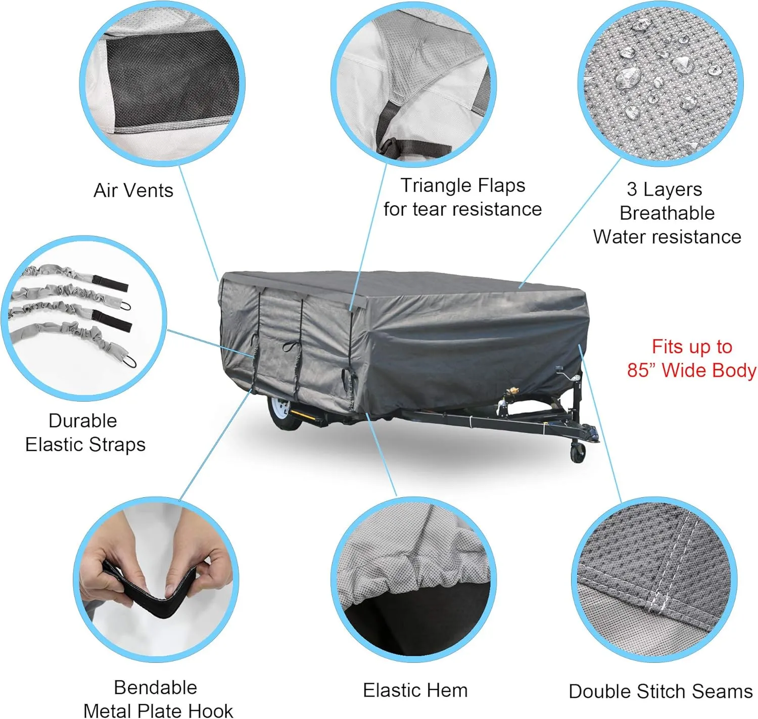 GEARFLAG Pop-up Folding Camper Cover Fits 12'-14' Reinforced Windproof Side-Straps, Anti-UV Water-Resistance Heavy Duty Triple Layers for Trailer RV (Fits 12' - 14')