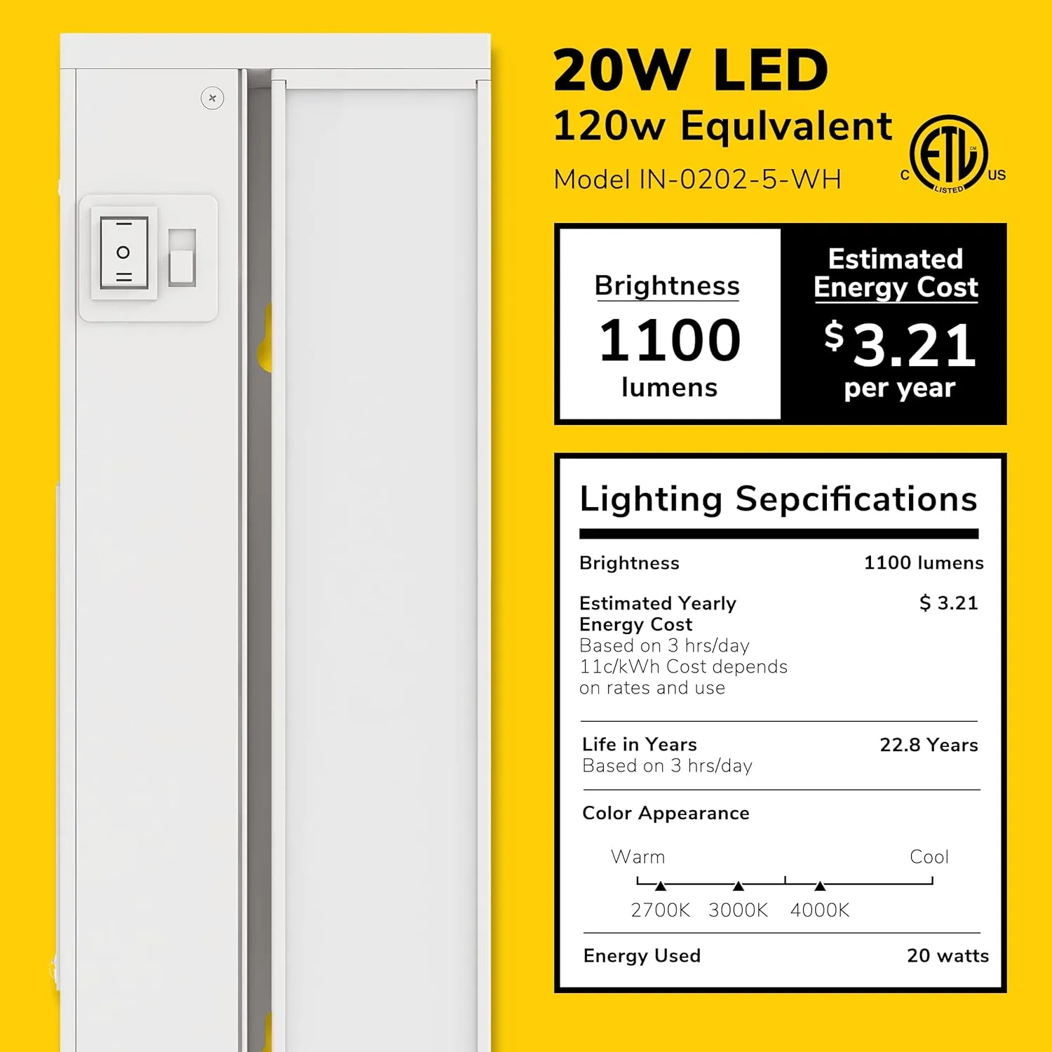 GETINLIGHT 40-inch Swivel LED Under Cabinet Lights, Glass Lens, Selectable White 2700K/4000K/5000K, Dimmable with Wall Dimmers, White Finish, IN-0202-5-WH