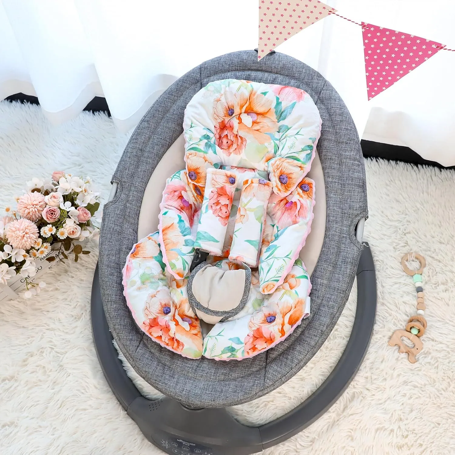 GFU Infant Car Seat Insert Head and Body Support, Reversible Newborn Insert for Carseat with Strap Pads, Soft Stroller Cushion Pillow Insert for Boys and Girls, Fits for Stroller, Swing, Flowers