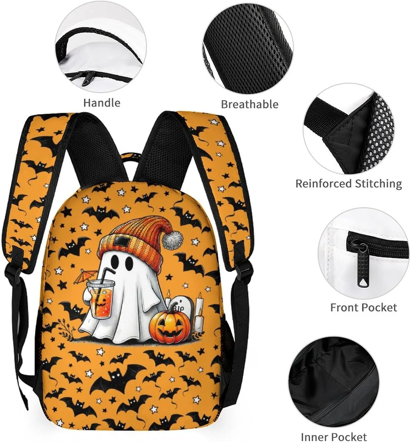 Ghost Backpack for Kids, Girls & Boys - 16 Inch Scary Halloween Theme Bookbag, Adjustable, Lightweight, Large Capacity