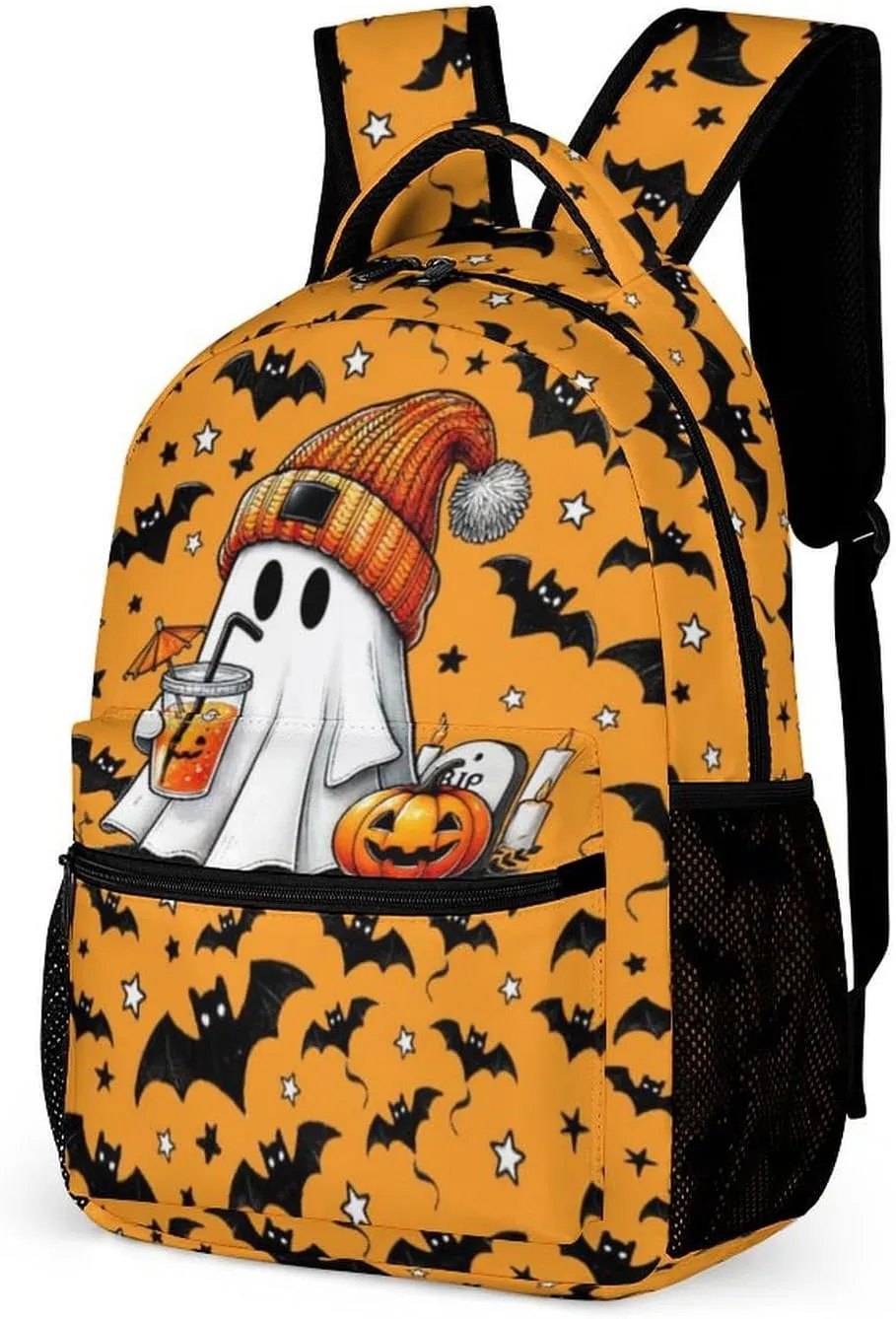 Ghost Backpack for Kids, Girls & Boys - 16 Inch Scary Halloween Theme Bookbag, Adjustable, Lightweight, Large Capacity