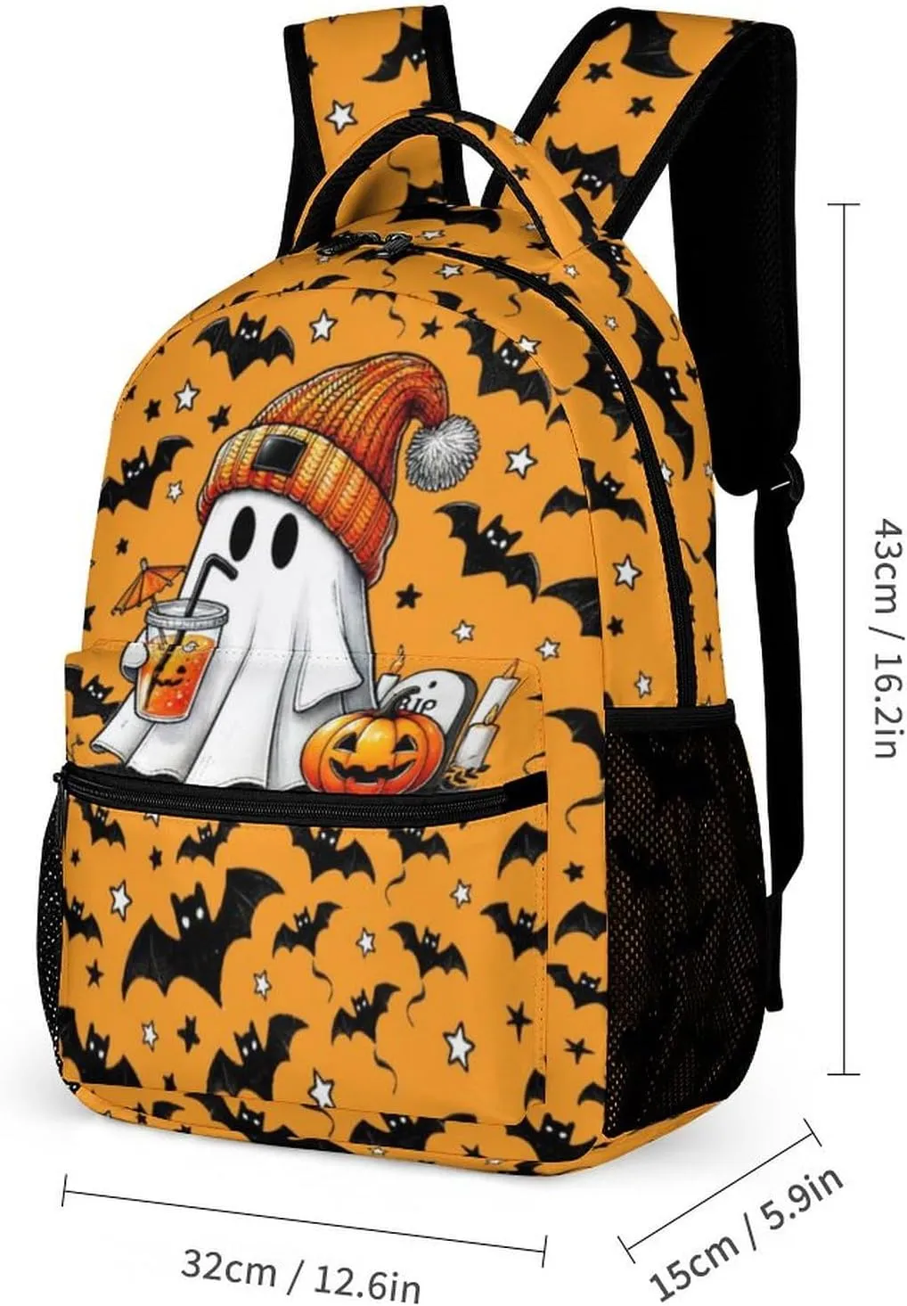 Ghost Backpack for Kids, Girls & Boys - 16 Inch Scary Halloween Theme Bookbag, Adjustable, Lightweight, Large Capacity