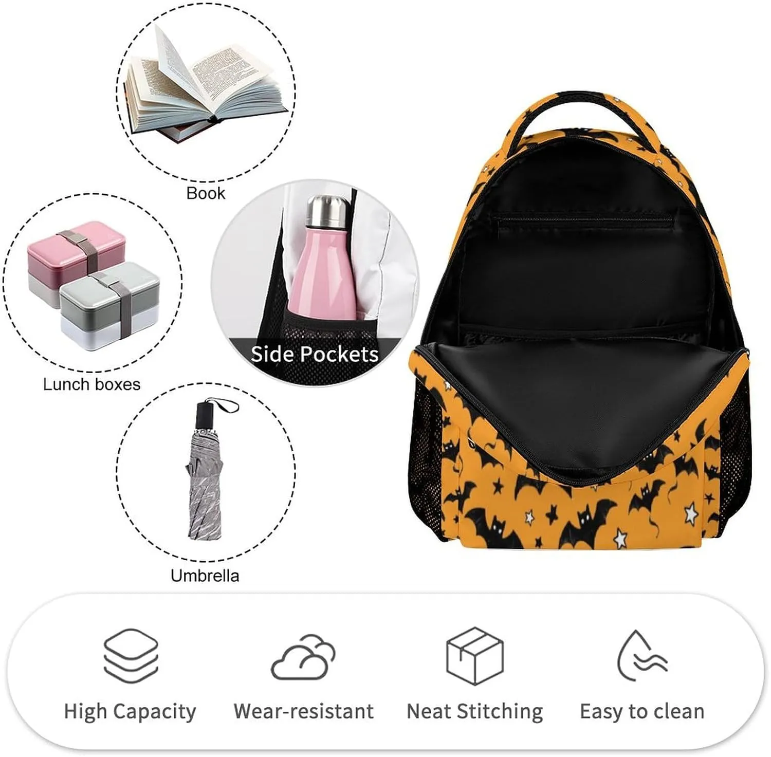 Ghost Backpack for Kids, Girls & Boys - 16 Inch Scary Halloween Theme Bookbag, Adjustable, Lightweight, Large Capacity