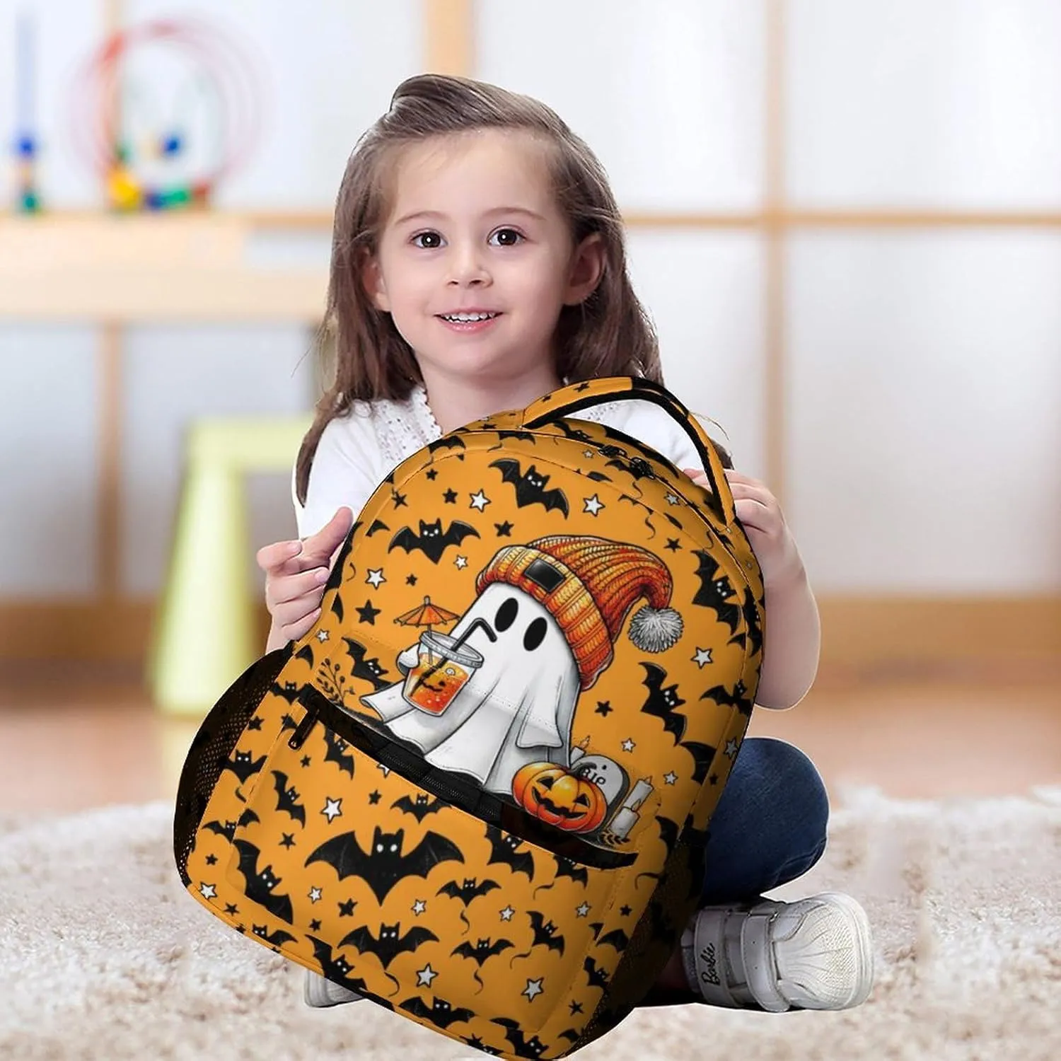 Ghost Backpack for Kids, Girls & Boys - 16 Inch Scary Halloween Theme Bookbag, Adjustable, Lightweight, Large Capacity
