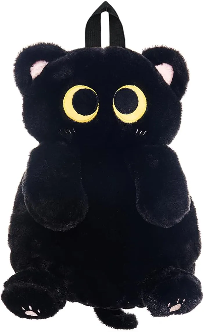 Girls Black Cat Plush Backpack – Stuffed Animal Cat Bag with Adjustable Straps, Perfect for Birthday Travel & Gifts (Black Cat)